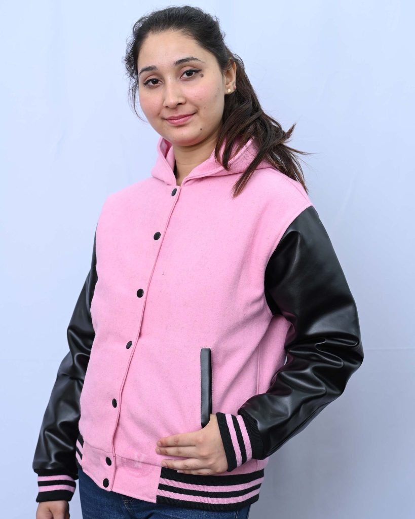 pink varsity jacket 